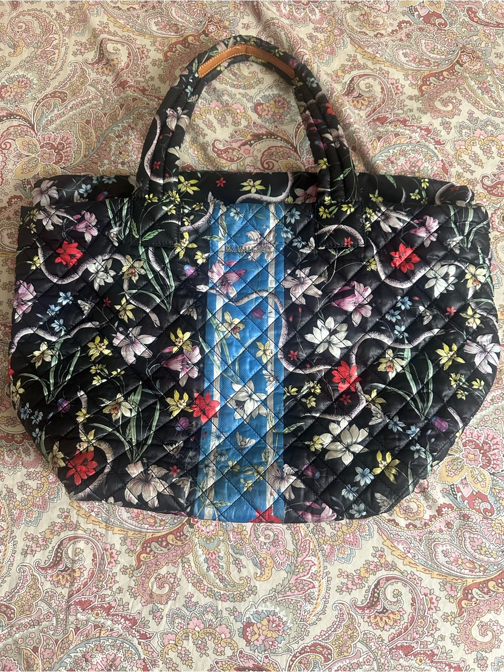 MZ Wallace Black Quilted Floral Tote with Blue Center Stripe